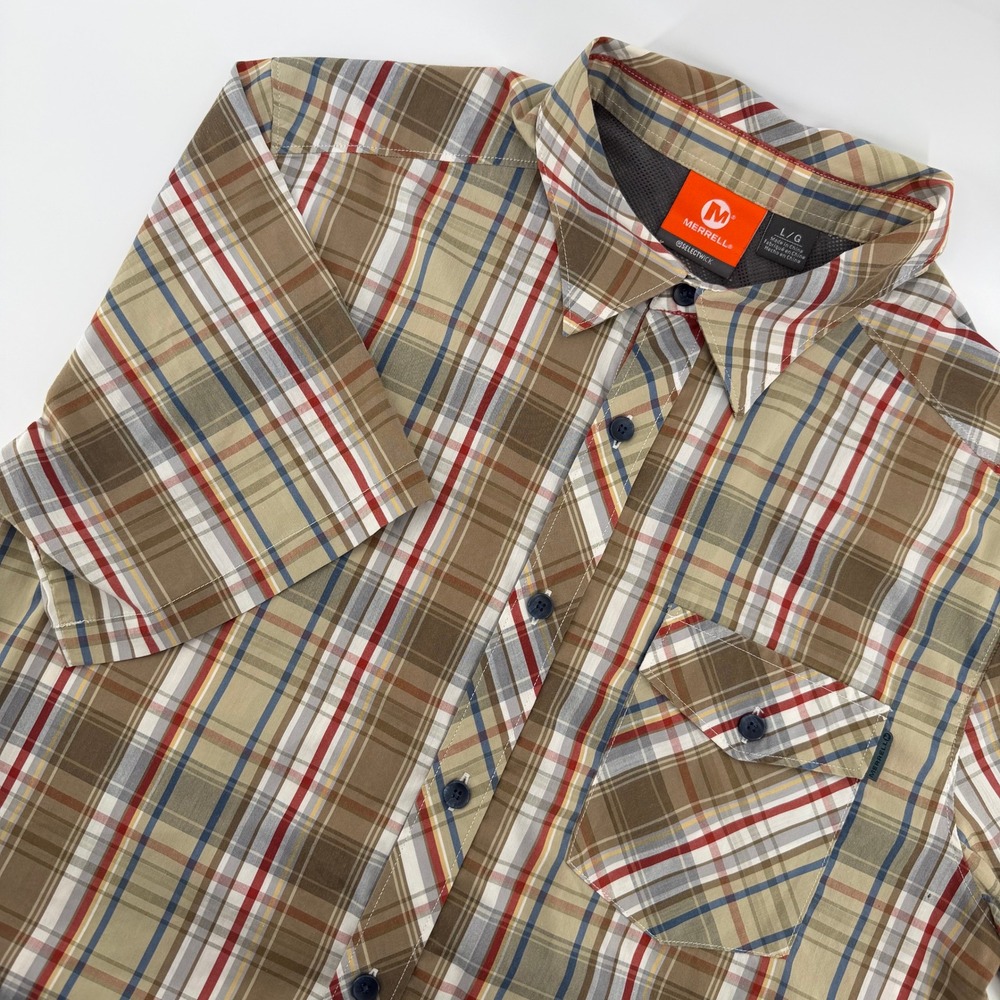 Merrell Plaid Button Down‎ Mens Large Brown SelectWick Short Sleeve Outdoor Gorp